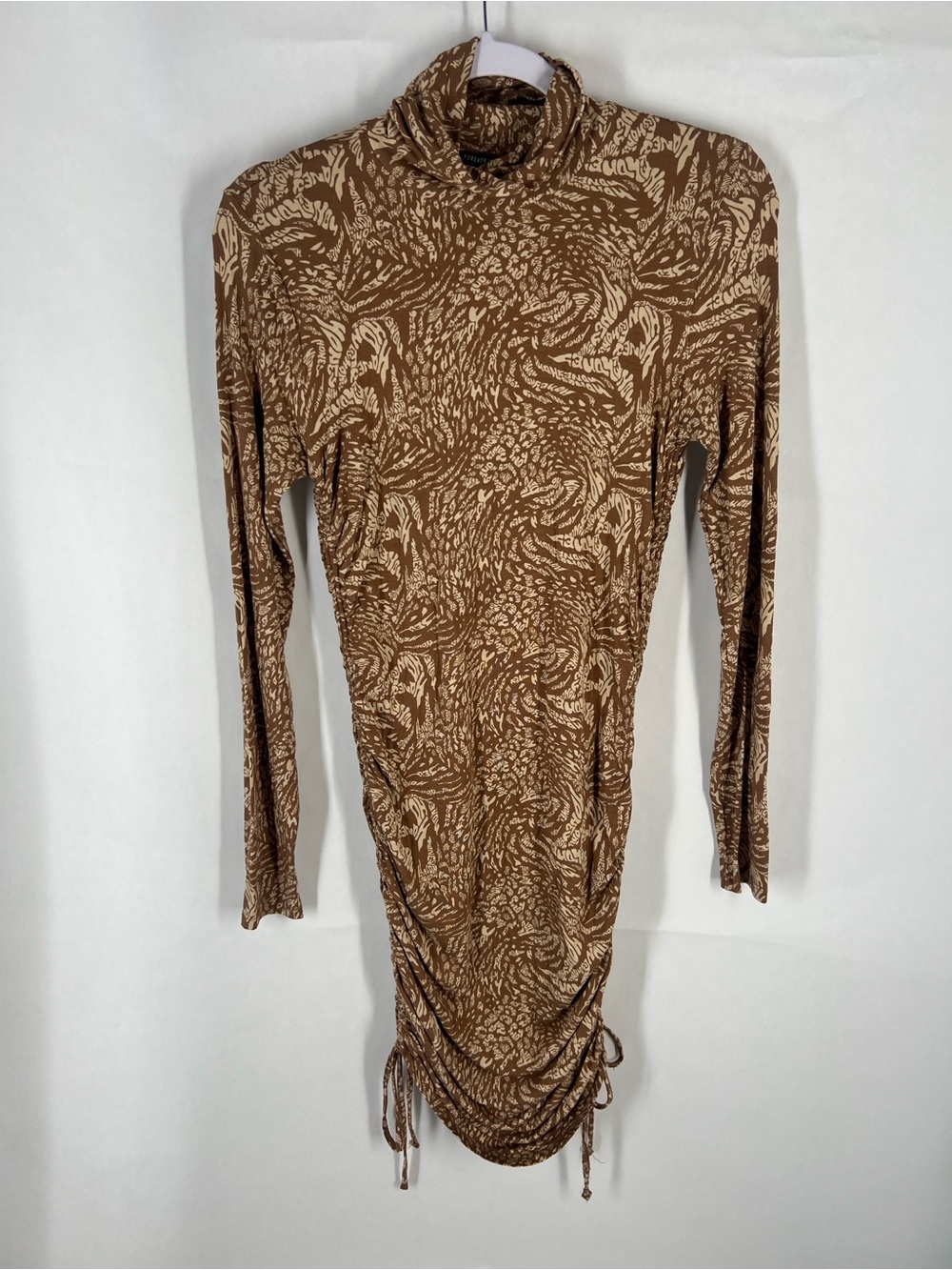 Forever 21 Brown Abstract Ruched Mock Neck Mini Dress Size M NWT